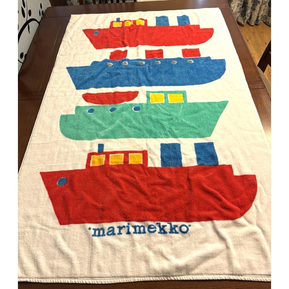 Vtg Marimekko Beach Towel Very Rare Nautical Ship Print Castle Dundee 80s-90s